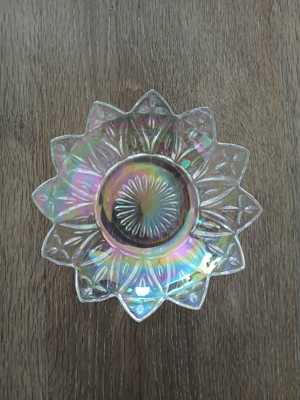 •Vintage Federal Glass Clear Iridescent "Petal" Bowl 
• Aurora / Celestial